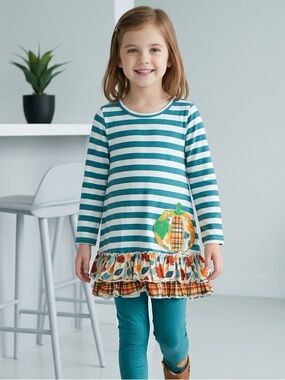 EUC Toddler Girls Striped Teal White Tunic Top with Pumpkin Patch Leaves - 3T